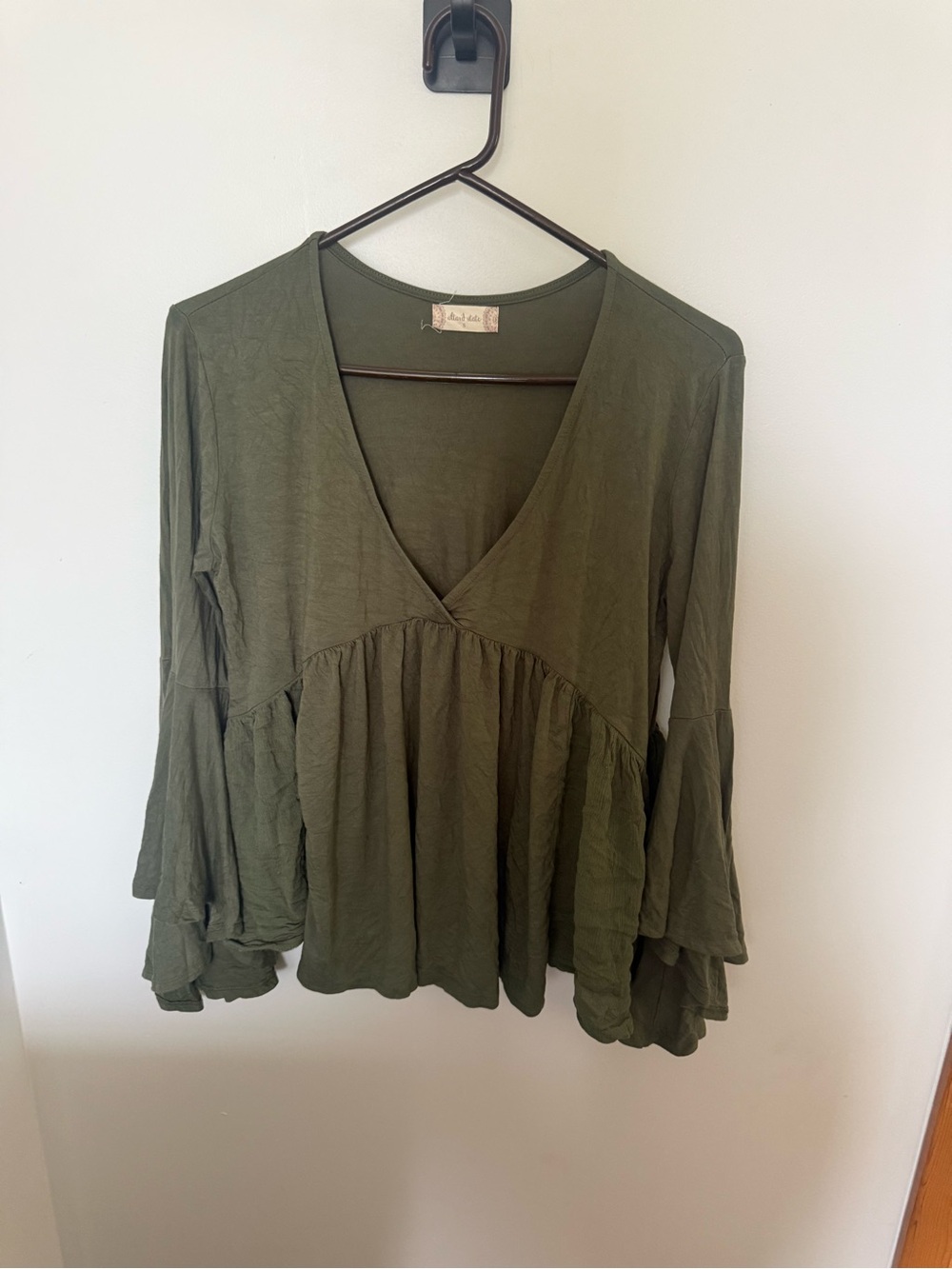 Altar'd State Olive V-Neck Peplum Top with Bell Sleeves